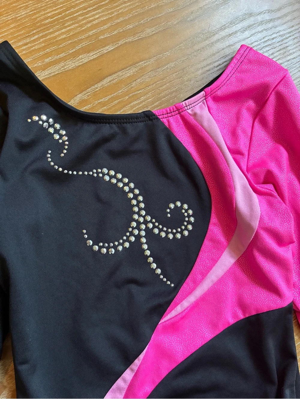 Danskin freestyle Black and Hot Pink Gymnastics Leotard Rhinestones shimmer 7/8